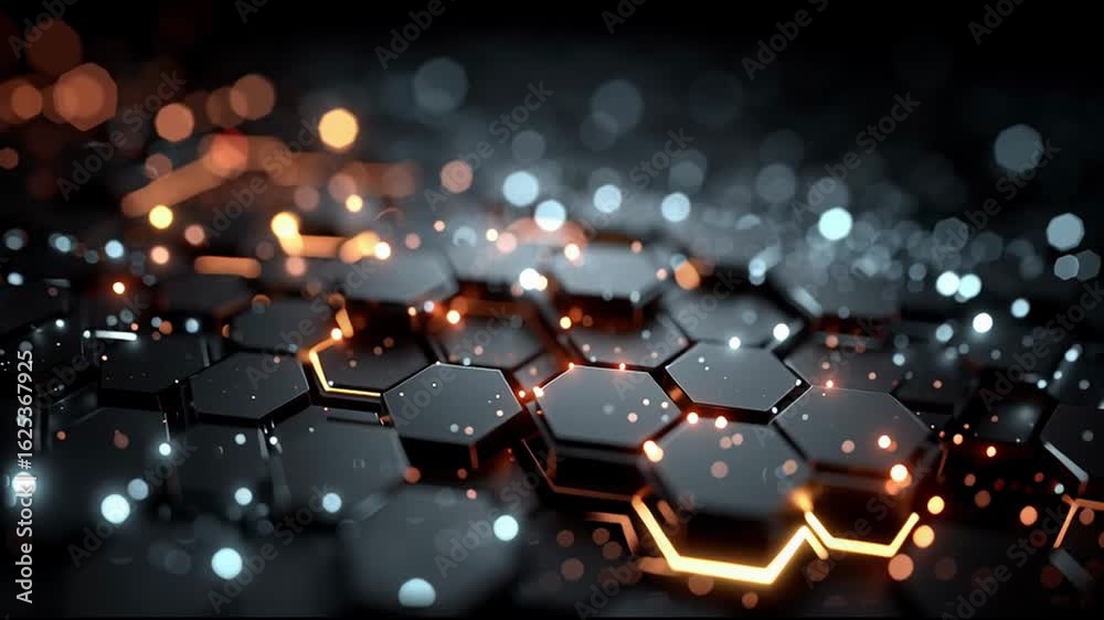 Futuristic hi-tech 3D hexagon surface. moving neon light effects. video footage background. Technology digital projects business presentation banner website modern visual design. Generative Ai content