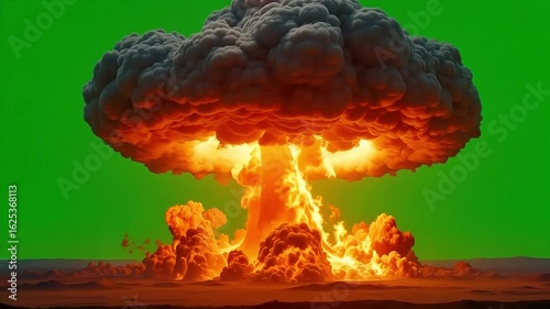 Terrifying atomic mushroom cloud exploding on green screen for impactful visual effects projects