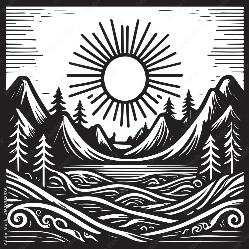 Obraz premium Black and white stylized landscape with sun mountains lake and trees nature