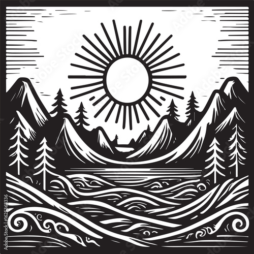 Black and white stylized landscape with sun mountains lake and trees nature