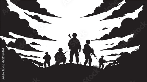 Black silhouette of five soldiers with rifles standing on a grassy hill against a dramatic cloudy sky