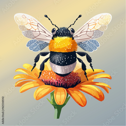 a stippling vector illustration of a bumblebee on a flower with micro dots on fuzzy thorax, legs, and petal details