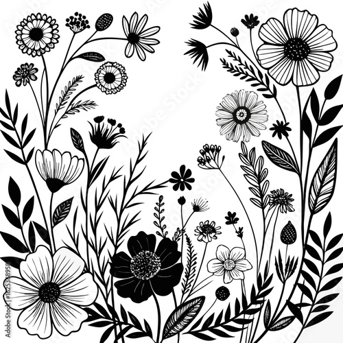 black-and-white-hand-drawn-wildflower-border--sim