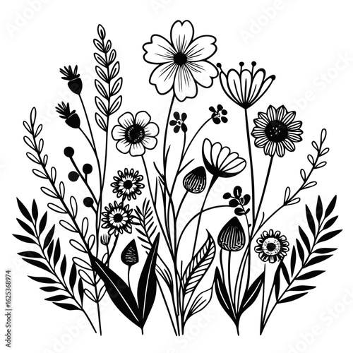 black-and-white-hand-drawn-wildflower-border--sim