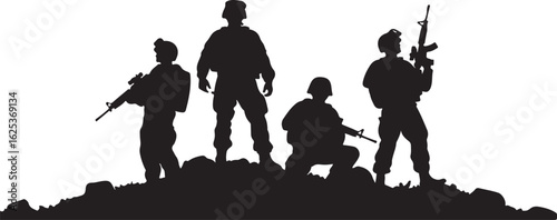 Four black silhouette soldiers with rifles standing and kneeling on uneven ground against a white background