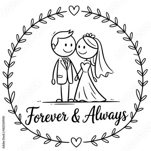 Forever & Always Wedding Cartoon: A tender cartoon illustration depicts a bride and groom holding hands, encircled by a wreath of leaves, embodying everlasting love.