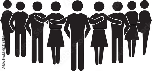 Group of eight black stick figures standing together with arms around shoulders people silhouette