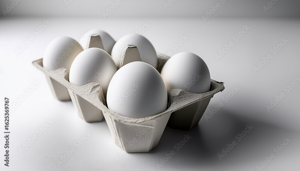 six white eggs in a minimalist carton resting on a clean white surface with soft shadows generative ai six white eggs in a minimalist carton resting on a clean white surface with soft shadows generative ai