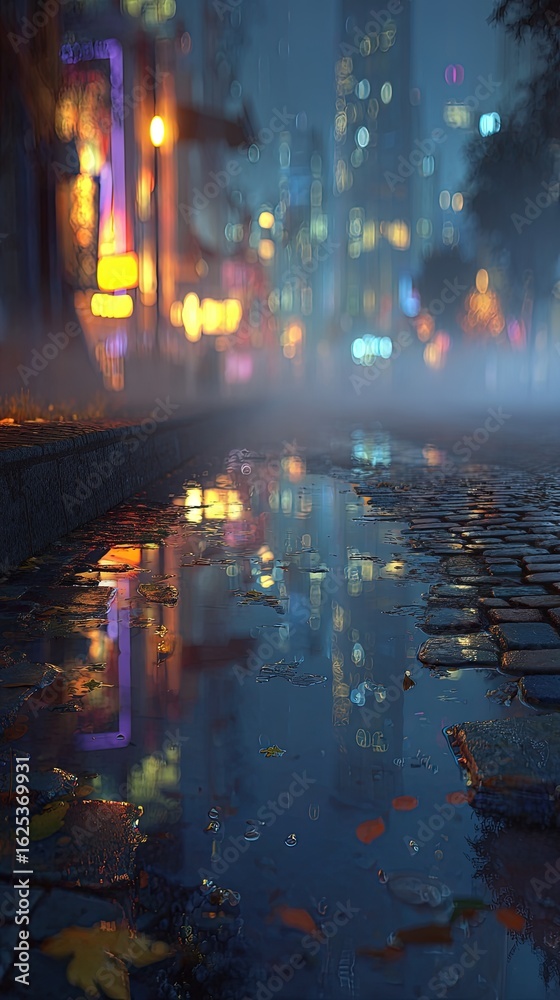 Obraz premium Rainy Night City Street Scene With Reflections