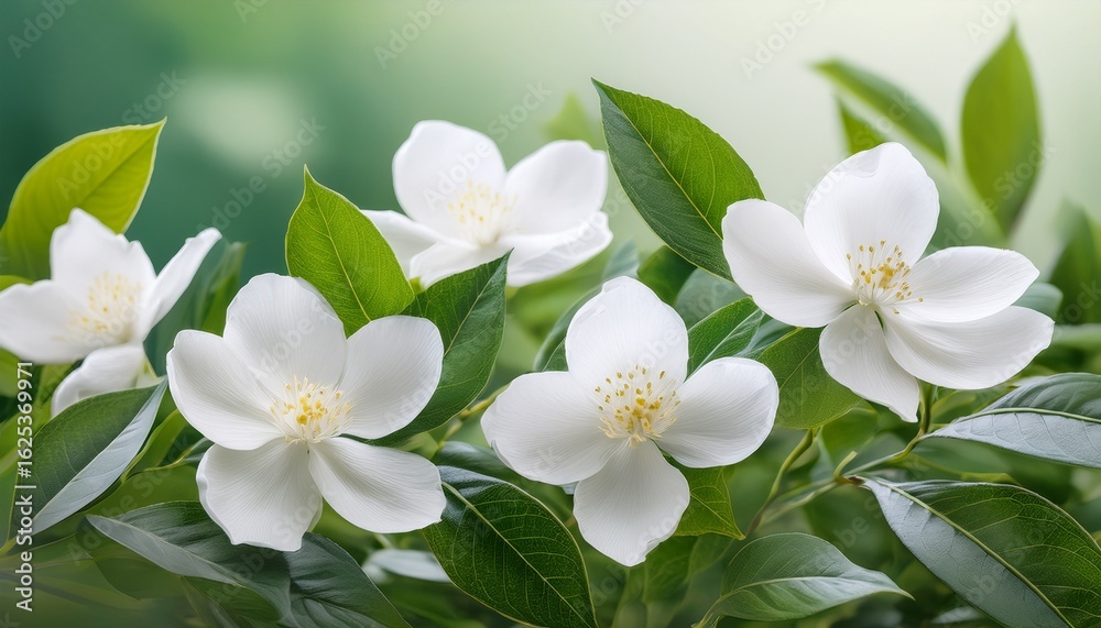 Obraz premium soft white flowers with gentle green leaves on a serene background