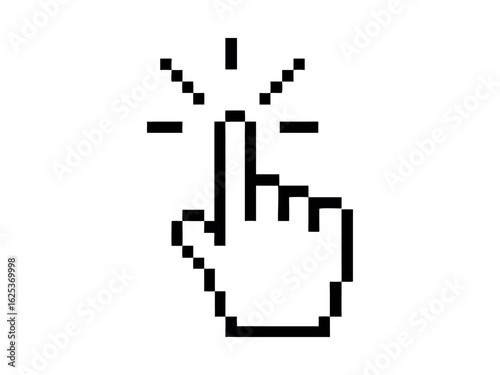 Hand cursor pointer icon in pixel style. Clicking finger. Computer mouse click symbol. Press or select button for web. Vector illustration isolated on white background. 