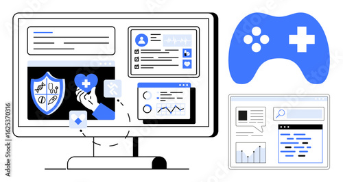 Computer screen displaying health icons, user data, and analytics. Gaming controller highlights gamification in healthcare. Ideal for telemedicine, health apps, wellness, innovation, gamification