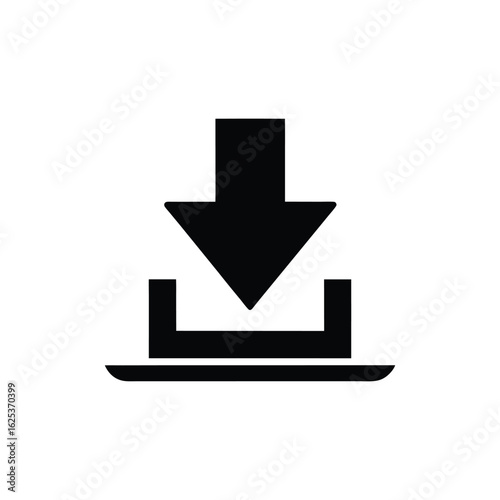 A simple black icon representing a download action, with a downward pointing arrow entering an open box.