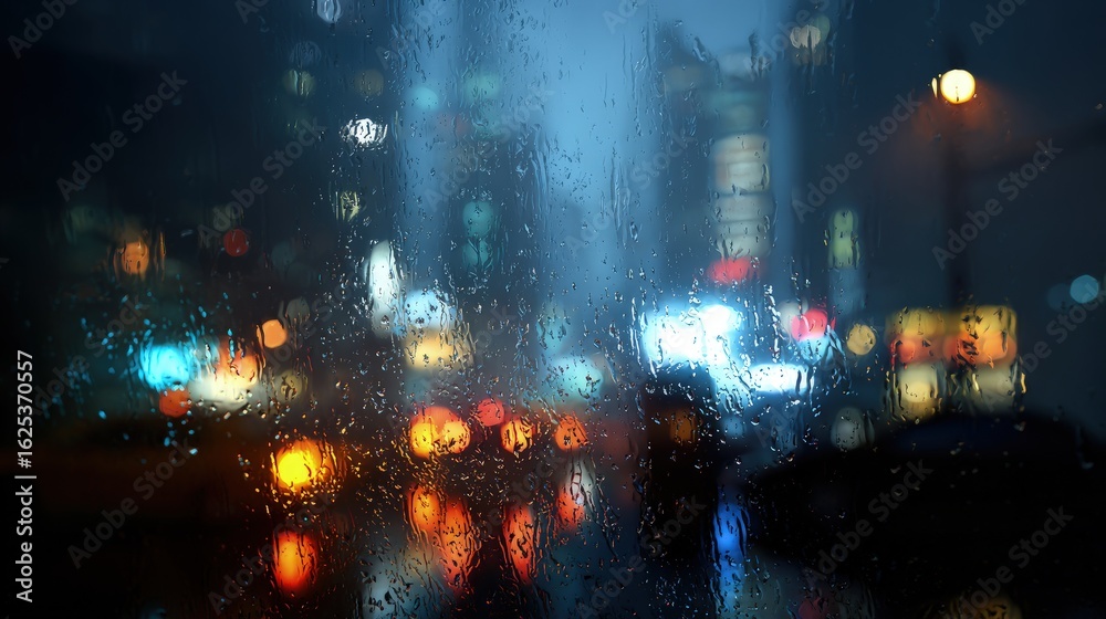 Naklejka premium Blurred City Lights At Night Through Rain-streaked Window