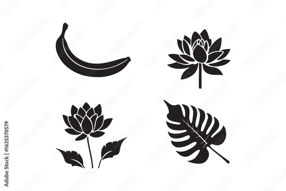Fototapeta premium Black silhouette icons of banana flower and tropical leaf on white background