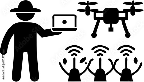 A man with a hat holding a laptop next to a drone and crops emitting wifi signals in black and white silhouette