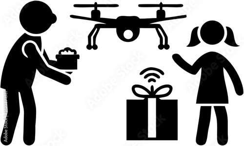 Silhouette of a man holding a gift next to a girl with a drone and a present with wifi symbol above it