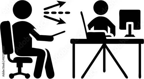 Person sitting in chair pointing with arrows indicating direction towards another person at a desk working silhouette