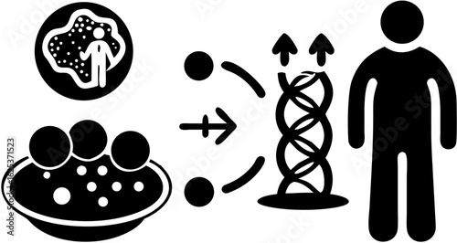 Illustration showing a person emerging from a cell, being transformed, and becoming a whole person silhouette