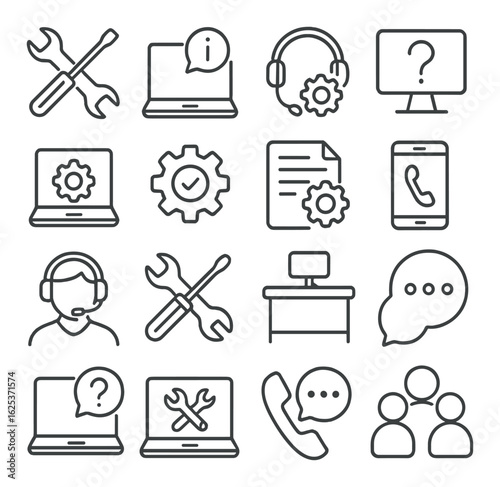 Technology support icons featuring tools, computers, phones, and communication symbols