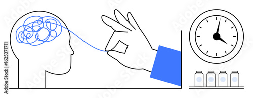 Hand untangling a brains convoluted line, clock symbolizing time, small jars nearby. Ideal for mental clarity, therapy, problem-solving, focus, mindfulness productivity strategy. Simple flat