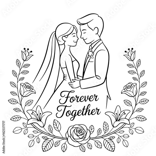 Forever Together: An illustrated image, a bride and groom look into each other's eyes inside of floral wreaths, with Forever Together written at the bottom of the image