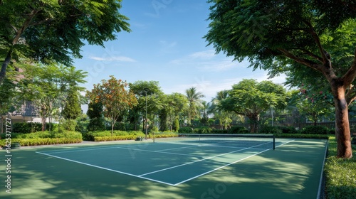 Wallpaper Mural A serene outdoor tennis court surrounded by lush greenery and a clear blue sky, ideal for recreational play. Torontodigital.ca