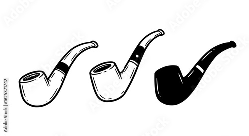 Set of three smoking pipes icons, black on white, doodle style  