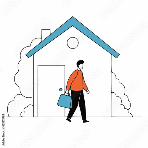 Man walking out of house carrying bag in casual attire  