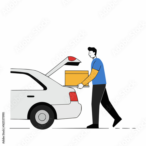 Man unloading box from car trunk in casual clothing  