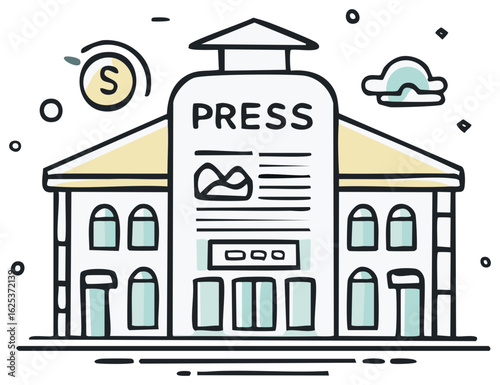 Stylized illustration of a building with the word PRESS prominently displayed