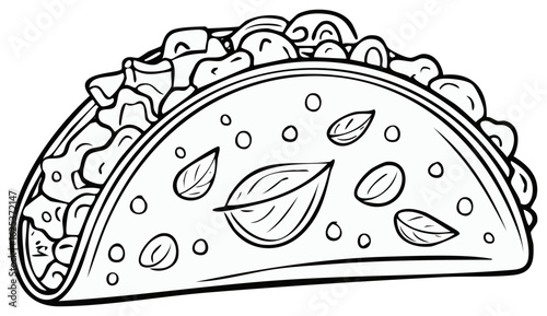 Hand drawn line art illustration of a filled taco with decorative leaves and circles