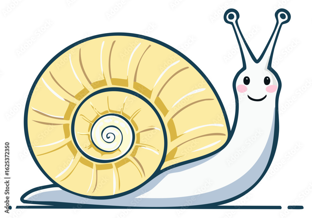 Obraz premium Happy smiling cartoon snail with a yellow spiral shell and rosy cheeks cheerfully moving forward