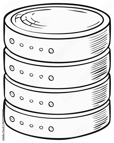Monochrome illustration of stacked storage server cartoon with round design