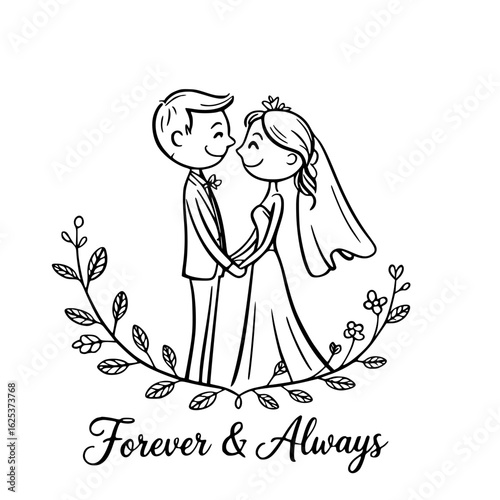 Love's Everlasting Embrace: A delicate black-and-white illustration captures the sweet intimacy of a wedding day, featuring a joyful couple framed by a floral wreath, and celebrating forever love.