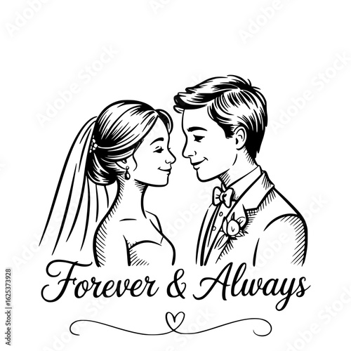 Eternal Bond: A timeless illustration encapsulates the promise of Forever & Always, showcasing a tender moment between a radiant bride and her adoring groom.