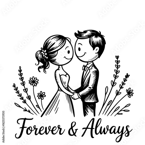 Forever & Always: A charming pen and ink illustration depicts a couple, holding hands, symbolizing the everlasting bond of love, surrounded by floral elements.