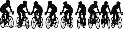 Silhouette of cyclists riding in formation on road bikes, competitive cycling team training together, black and white vector illustration