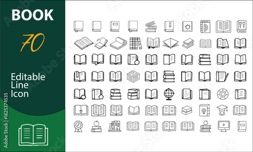 books Line Icons: Books, Reading, Education, Knowledge, Simple Style, Black and White