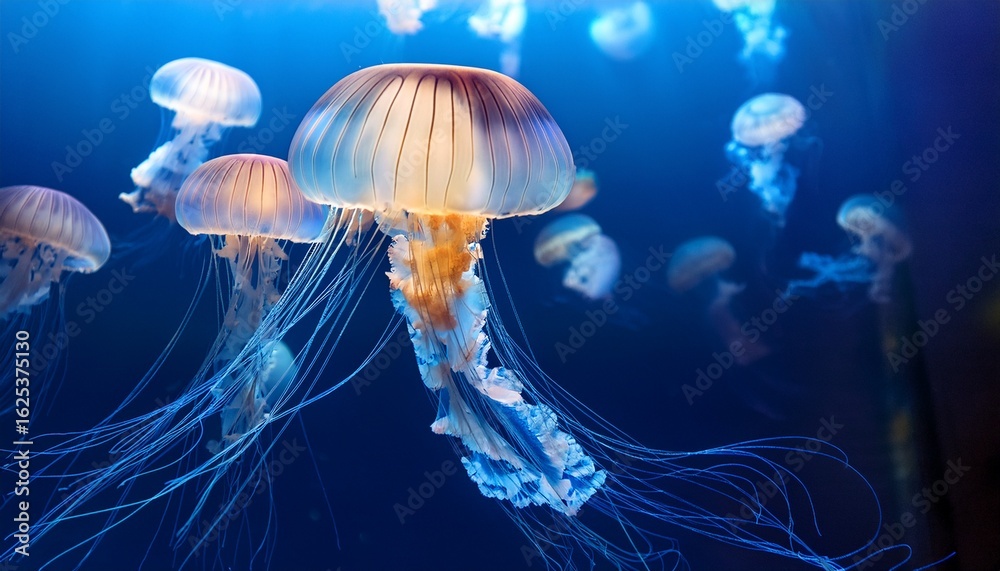 Naklejka premium luminous jellyfish drift in deep blue water their tentacles trailing elegantly a captivating underwater scene with soft warm tones