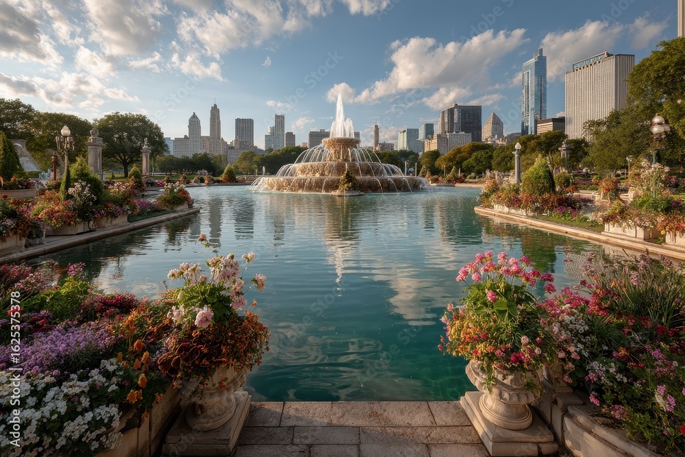 Buckingham fountain in grant park, chicago, illinois, during a sunny summer day showing the cityscape reflected in the water Buckingham fountain in grant park, chicago, illinois, during a sunny summer day showing the cityscape reflected in the water