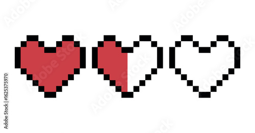 Pixel Art Health Bar - Retro Game Style Vector Illustration of Hearts Representing Life and Vitality