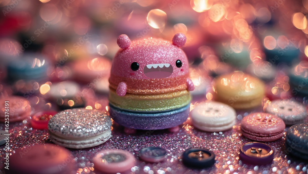 Fototapeta premium Sparkling rainbow monster character surrounded by glittering macarons and buttons, perfect for fun designs