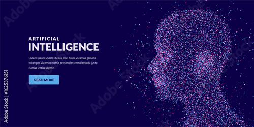 Vector illustration of head made from dots. Concept for tech, AI, innovation, digital mind, neural network, data science