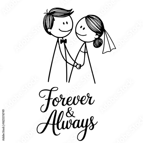 Simple Wedding Day Promise: A minimalist depiction of a couple, united in love and commitment, hand-in-hand, symbolizing Forever & Always, perfect for conveying the everlasting promise of marriage.