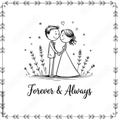 Forever & Always: A tender, romantic scene unfolds, depicting a bride and groom in a loving embrace, their connection symbolized through delicate hand-drawn linework.