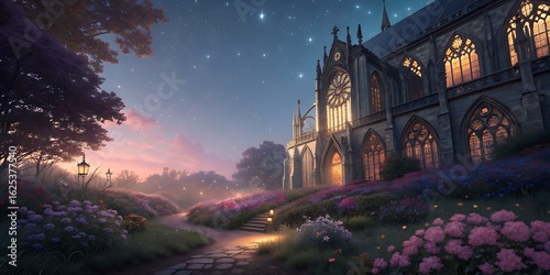 A gothic cathedral at twilight with a flower garden and a starry sky in the background view
