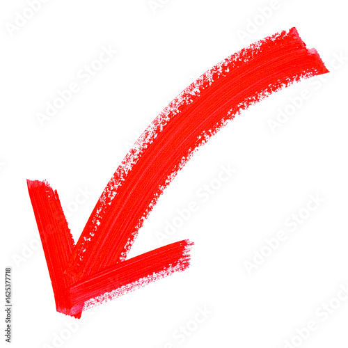 A bold red arrow painted with a thick brush curves downward to the left, symbolizing decline, warning, or redirection..
