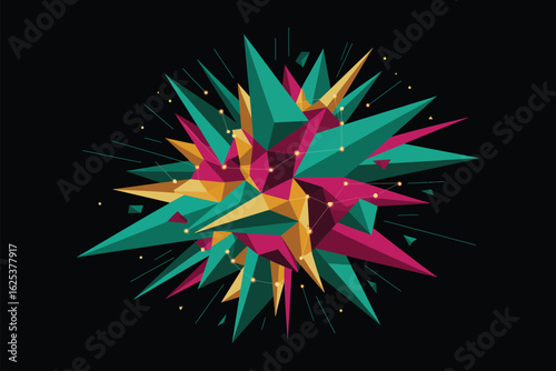 Abstract geometric shape with teal pink and gold facets on a black background with small dots around it