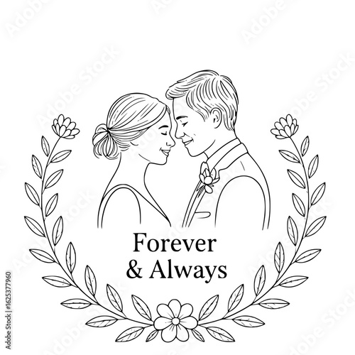 Forever & Always: Elegant illustration of a tender moment, this image captures the essence of everlasting love between a couple, framed by a beautiful floral wreath.